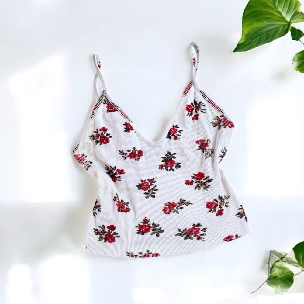 Brandy Melville Cream + Red Floral Cami Tank